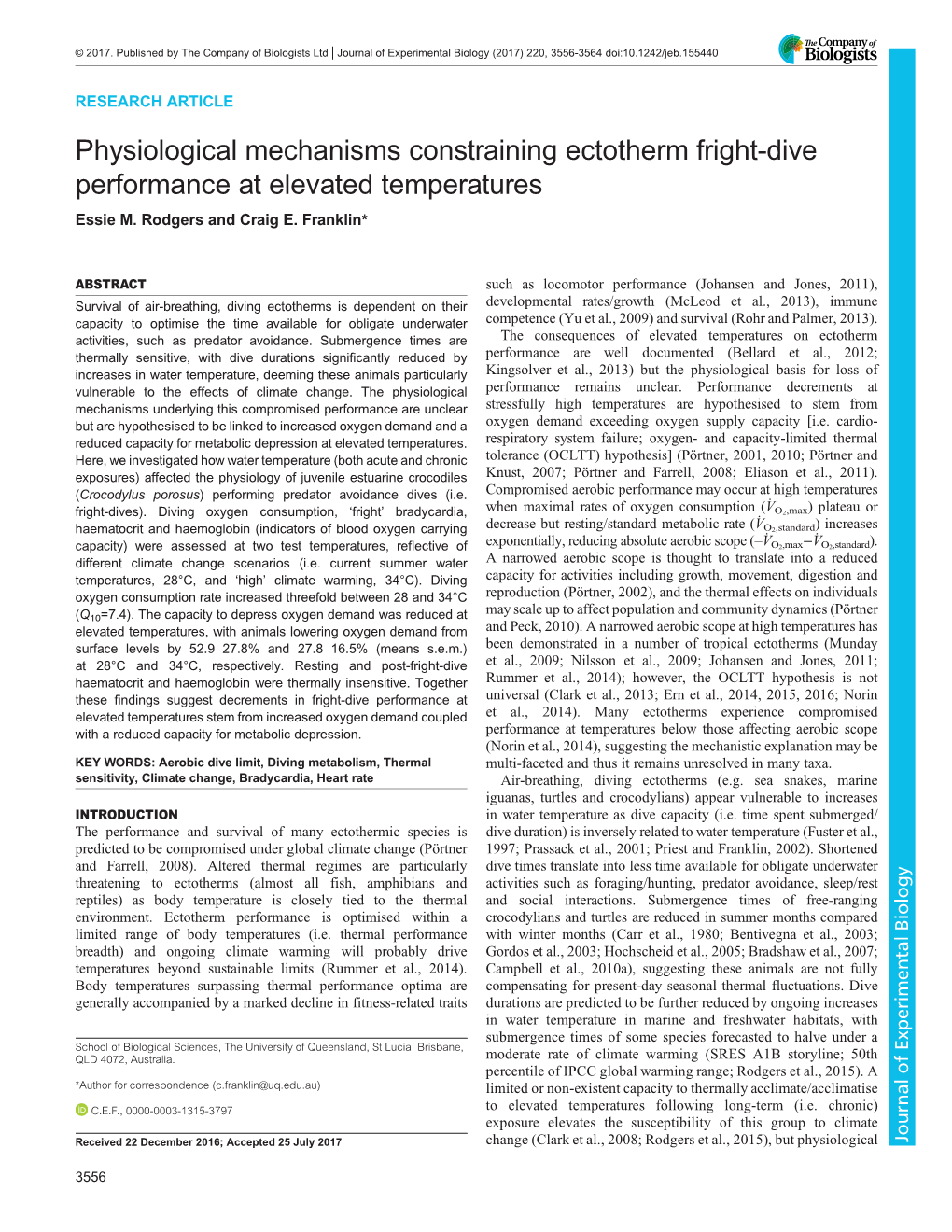 Physiological Mechanisms Constraining Ectotherm Fright-Dive Performance at Elevated Temperatures Essie M