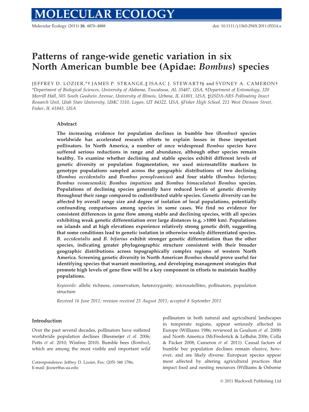 Patterns of Rangewide Genetic Variation in Six North American Bumble Bee (Apidae: Bombus) Species