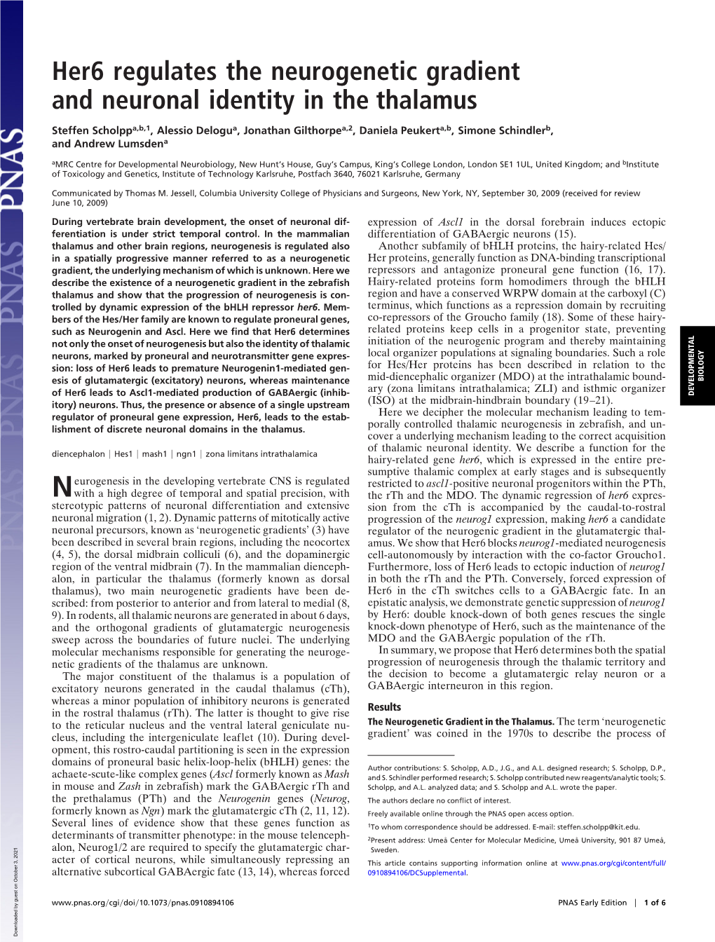 Her6 Regulates the Neurogenetic Gradient and Neuronal Identity in the Thalamus