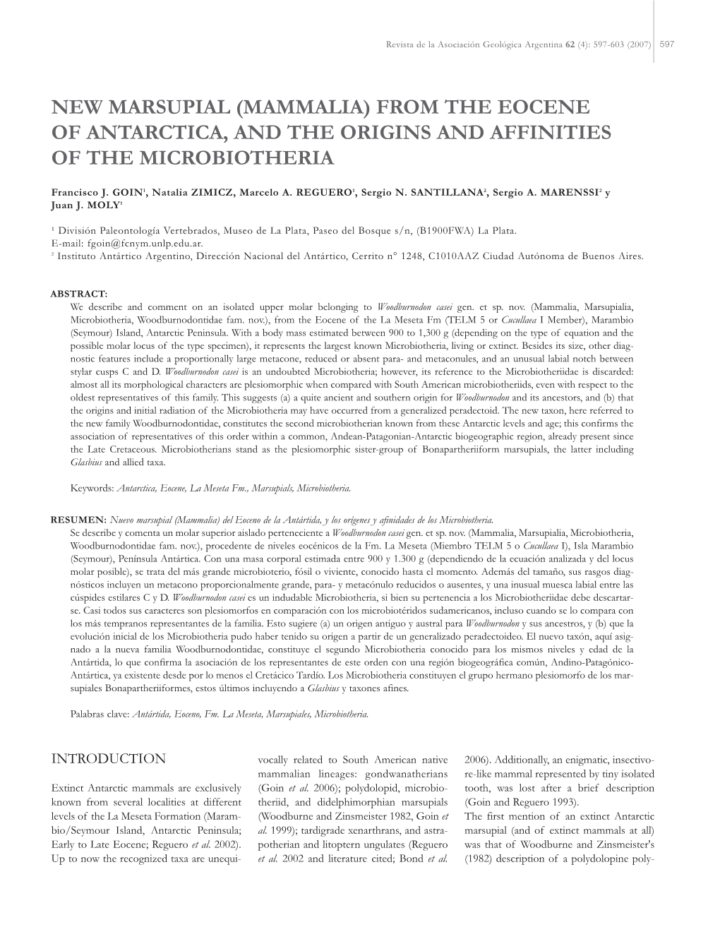 New Marsupial (Mammalia) from the Eocene of Antarctica, and the Origins and Affinities of the Microbiotheria