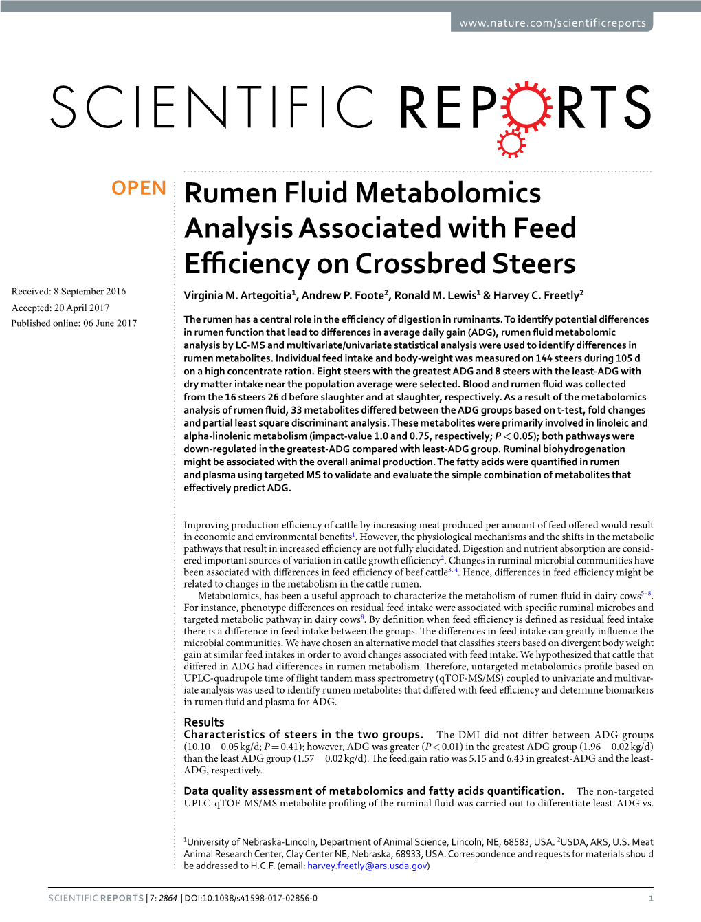 Rumen Fluid Metabolomics Analysis Associated with Feed Efficiency on Crossbred Steers Received: 8 September 2016 Virginia M