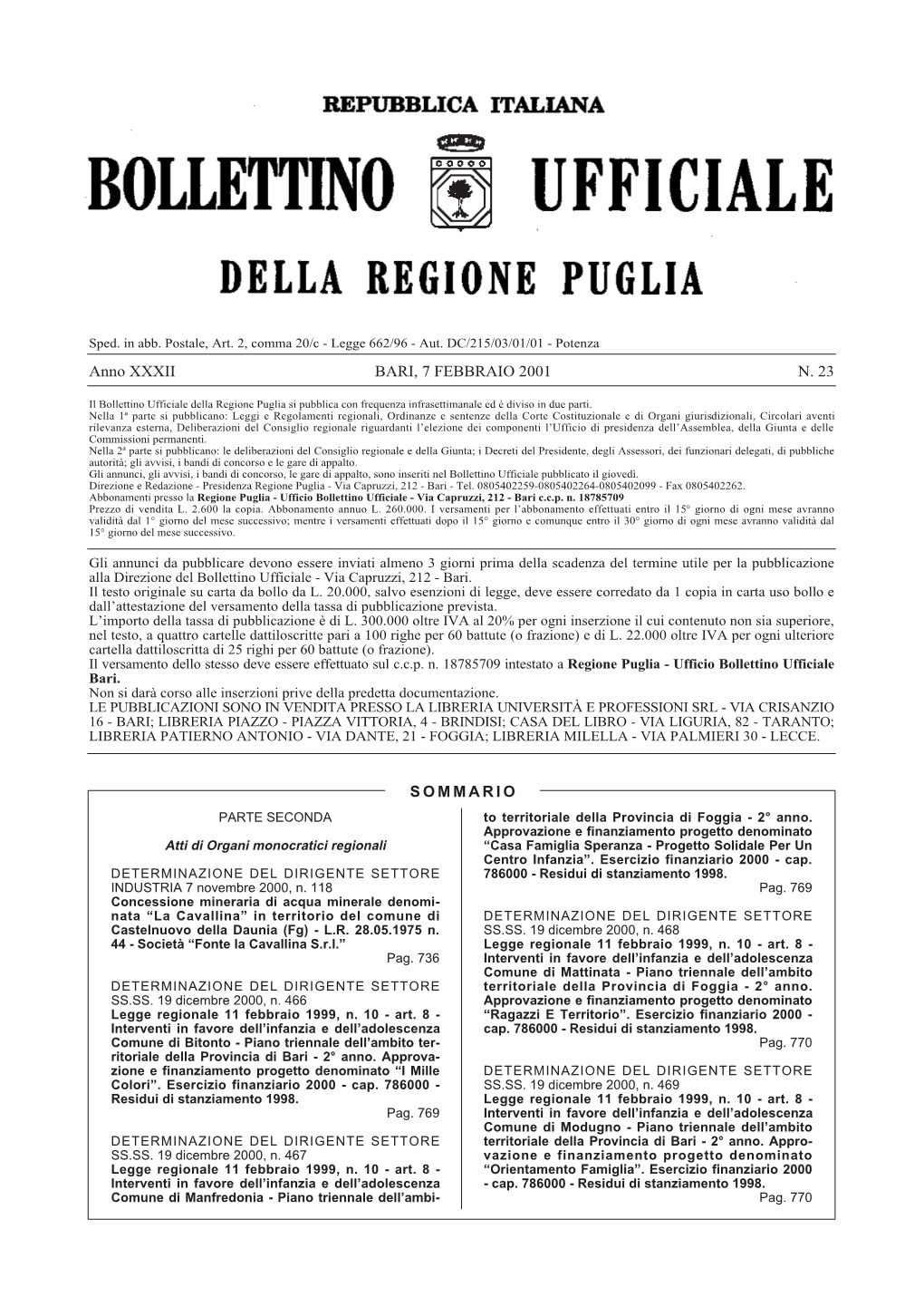 Anno XXXII BARI, 7 FEBBRAIO 2001 N. 23 SOMMARIO