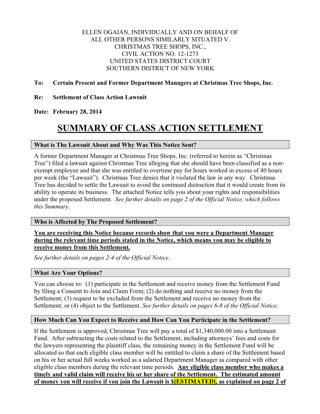 Summary of Class Action Settlement