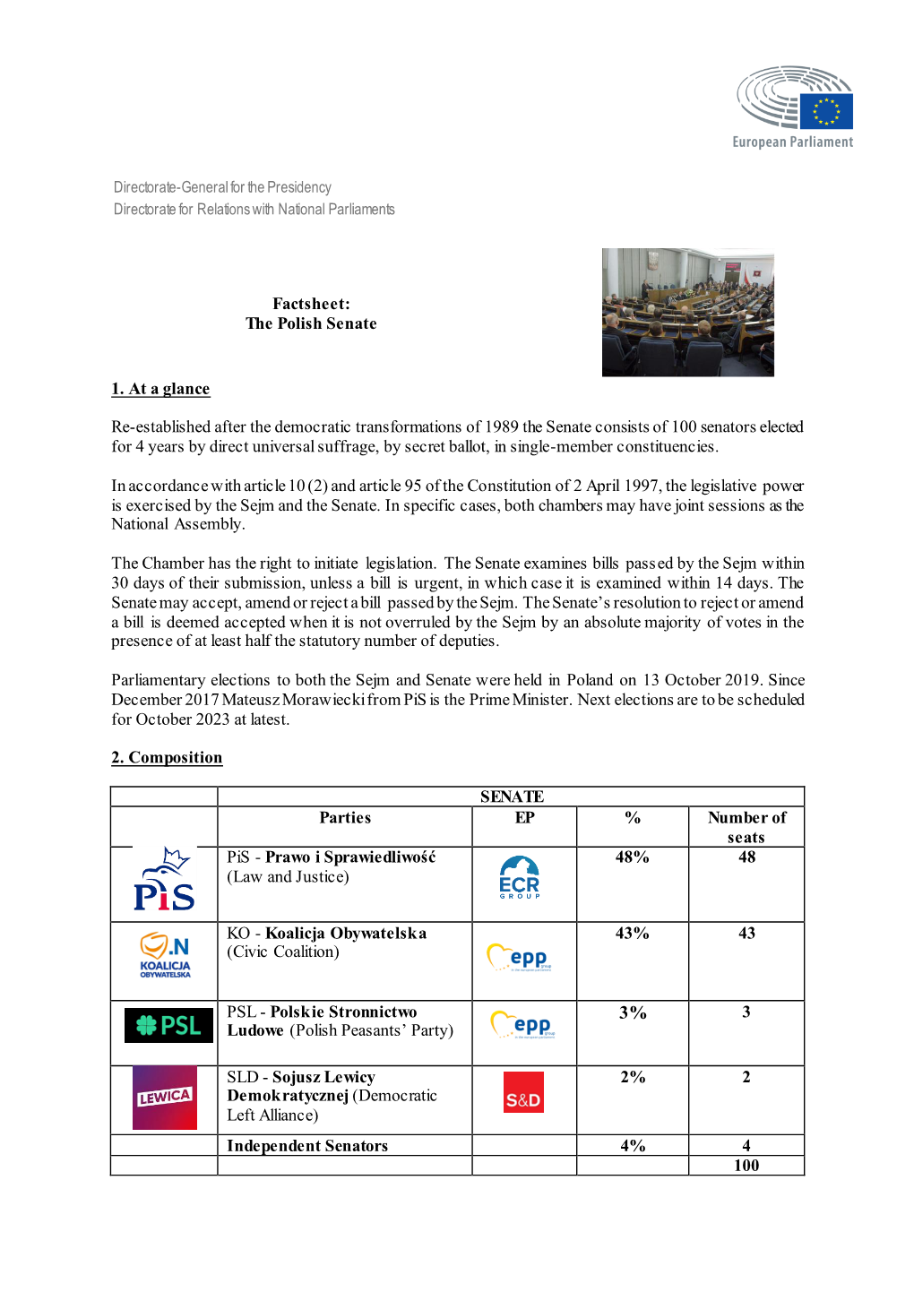 Factsheet: the Polish Senate 1. at a Glance Re-Established After The