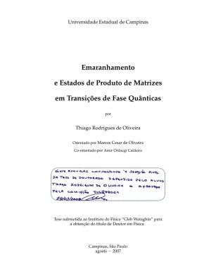 Emaranhamento E Estados De Produto De Matrizes Em Transições De Fase Quânticas / Thiago Rodrigues De Oliveira