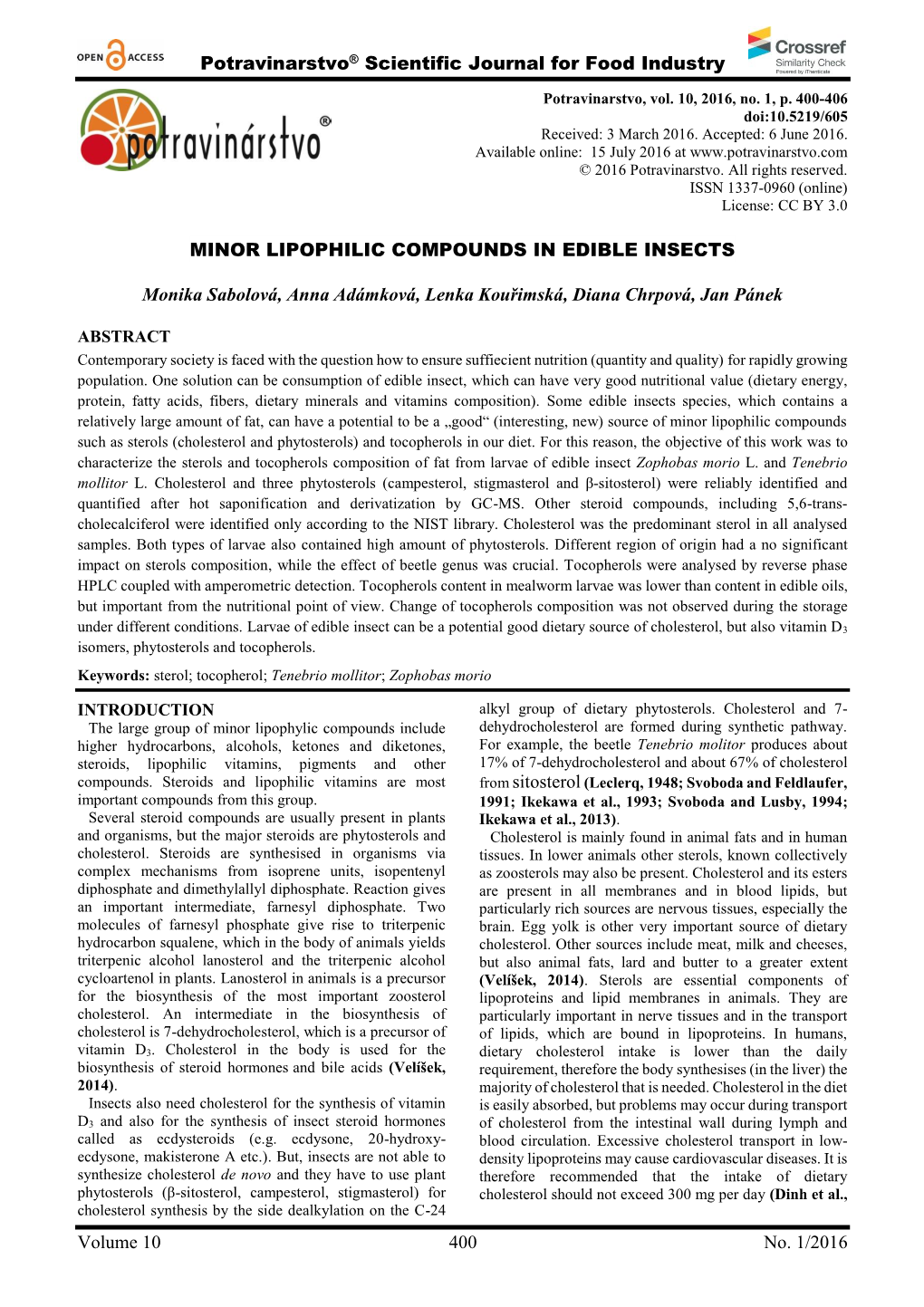 Potravinarstvo® Scientific Journal for Food Industry Volume 10 400 No. 1