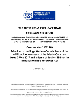 Two Rivers Urban Park, Cape Town Supplementary Report