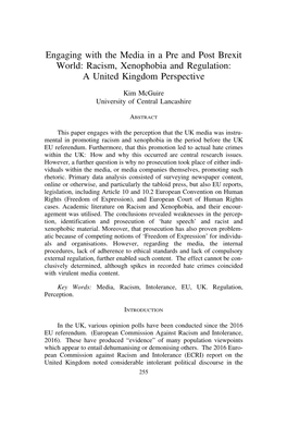 Engaging with the Media in a Pre and Post Brexit World: Racism, Xenophobia and Regulation: a United Kingdom Perspective