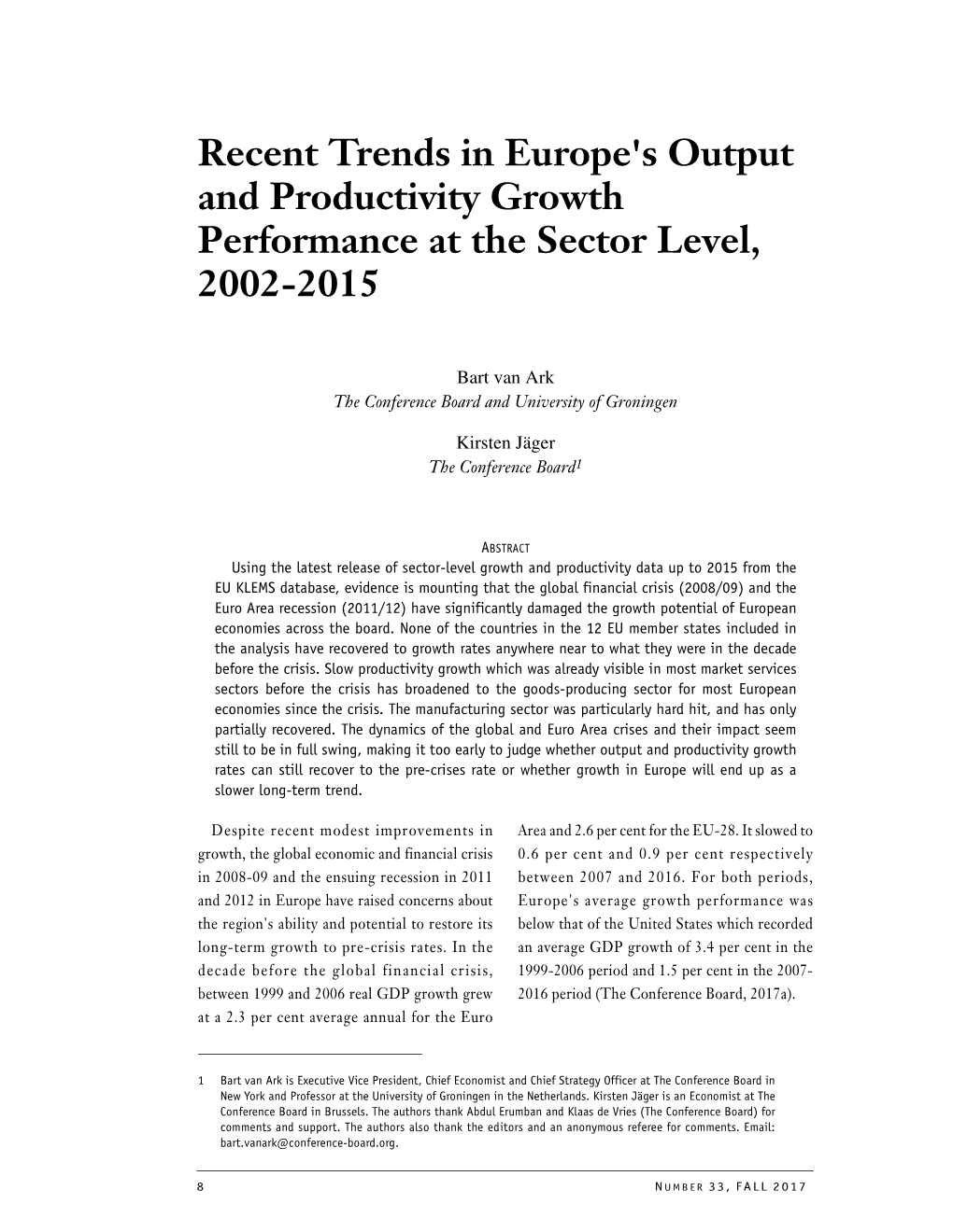 Recent Trends in Europe's Output and Productivity Growth Performance at the Sector Level, 2002-2015