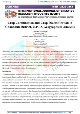 Crop Combination and Crop Diversification in Chandauli District, U.P.: a Geographical Analysis