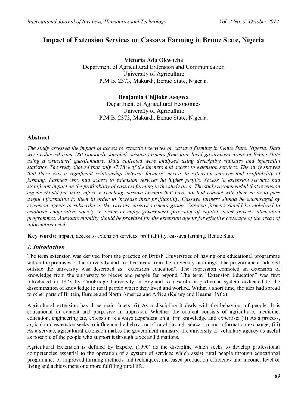 Impact of Extension Services on Cassava Farming in Benue State, Nigeria