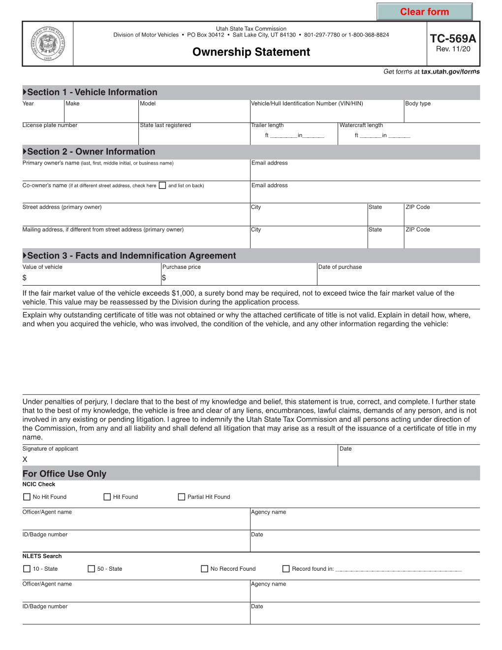 Form TC-569A, Ownership Statement