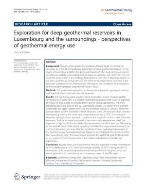 Exploration for Deep Geothermal Reservoirs in Luxembourg and the Surroundings - Perspectives of Geothermal Energy Use Tom Schintgen
