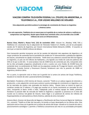 Telefe) En Argentina, a Telefónica S.A., Por Us$345 Millones De Dólares