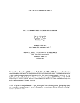 Nber Working Paper Series Luxury Goods and The