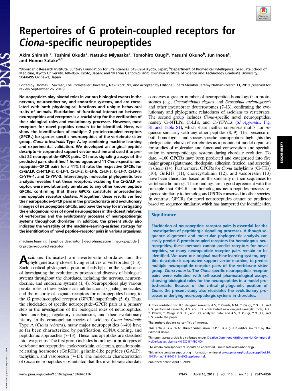 Repertoires of G Protein-Coupled Receptors for Ciona-Specific Neuropeptides