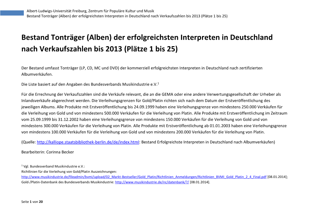 Bestand Tonträger (Alben) Der Erfolgreichsten Interpreten in Deutschland Nach Verkaufszahlen Bis 2013 (Plätze 1 Bis 25)