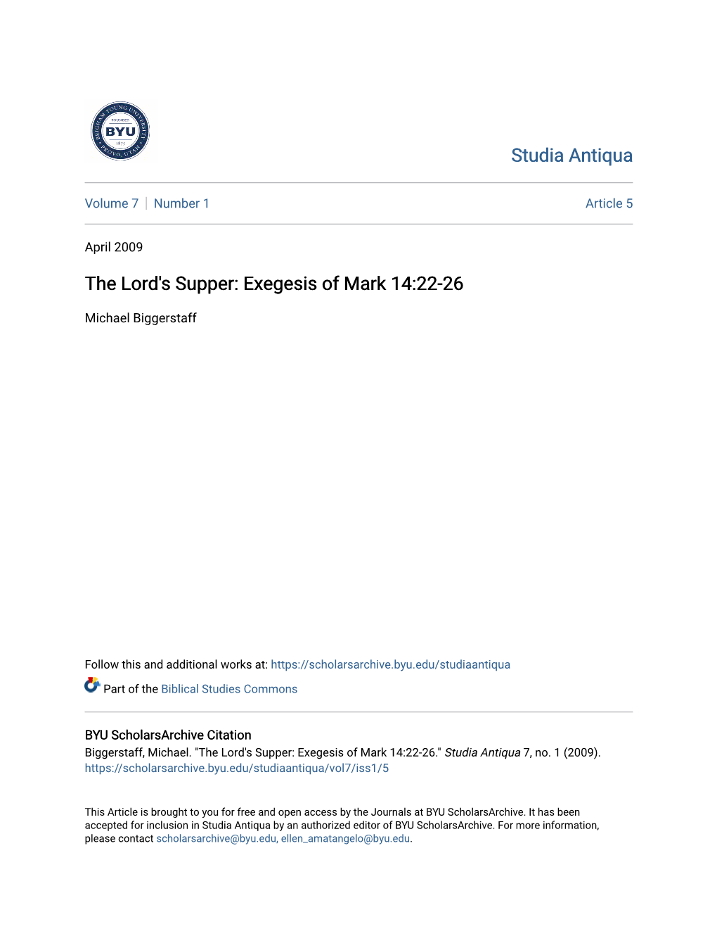 The Lord's Supper: Exegesis of Mark 14:22-26