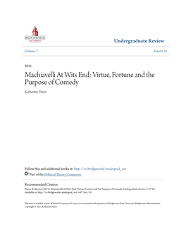 Machiavelli at Wits End: Virtue, Fortune and the Purpose of Comedy Katherine Paton