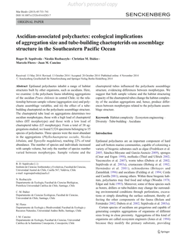 Ascidian-Associated Polychaetes: Ecological Implications of Aggregation Size and Tube-Building Chaetopterids on Assemblage Structure in the Southeastern Pacific Ocean