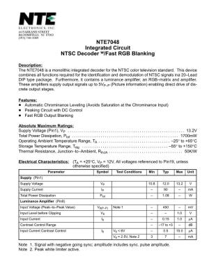 NTE7048 Integrated Circuit NTSC Decoder W/Fast RGB Blanking