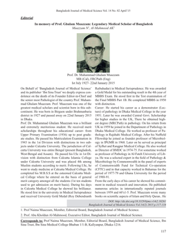 Editorial in Memory of Prof. Ghulam Muazzam: Legendary Medical Scholar of Bangladesh Muazzam N1, Al-Mahmood AK2