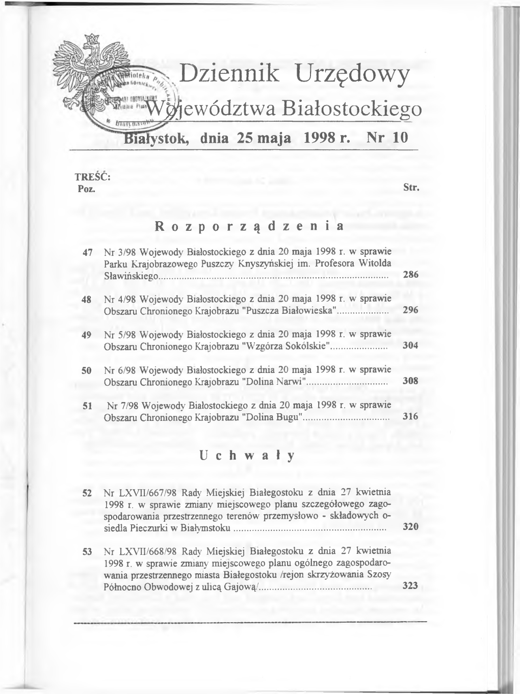 Dziennik Urzędowy Województwa Białostockiego Białystok, Dnia 25 Maja 1998 R