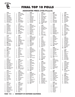 FINAL TOP 10 POLLS ASSOCIATED PRESS (1936-Present) 1936 1943 1950 1956 1962 1969 1