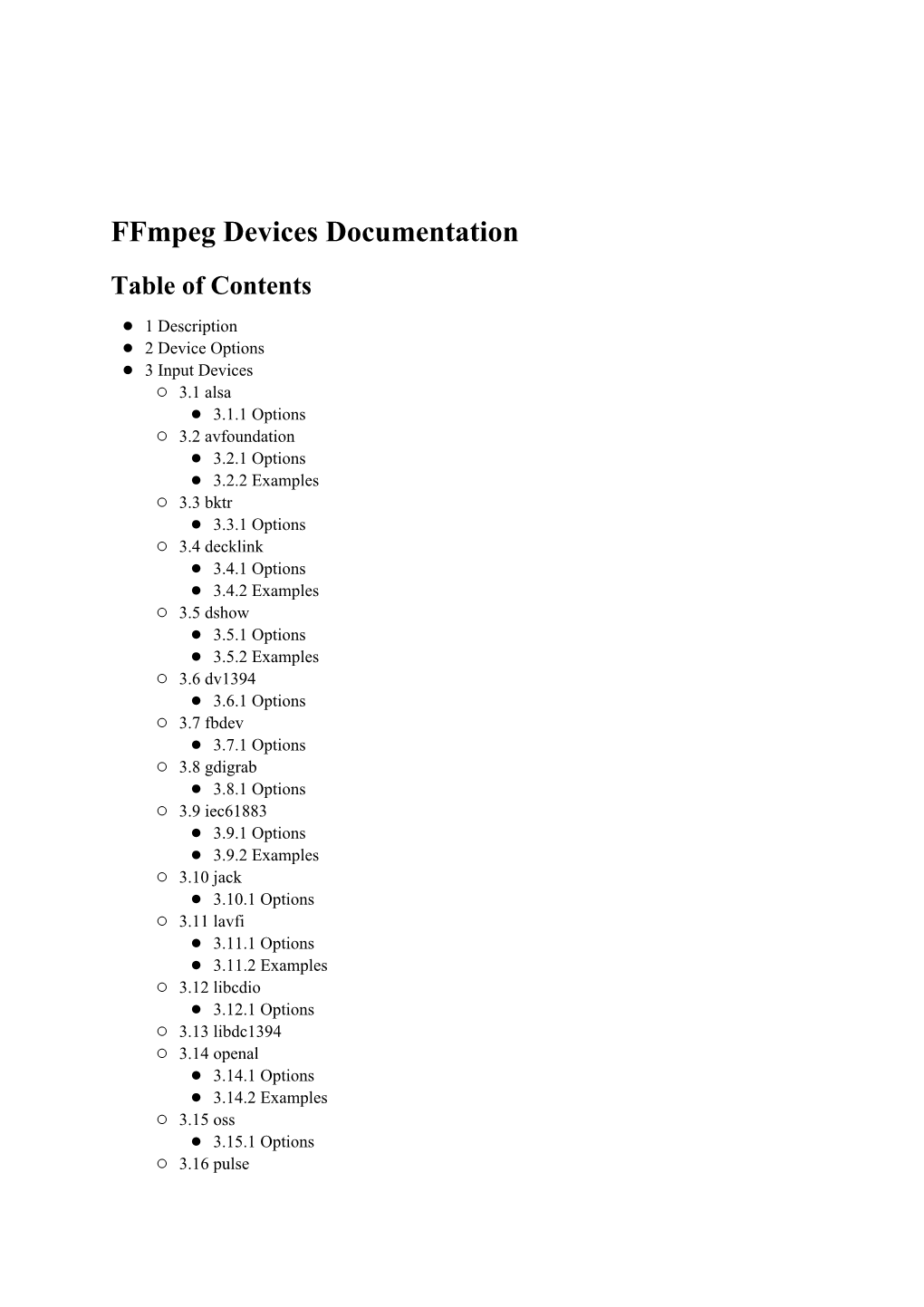 Ffmpeg Devices Documentation Table of Contents