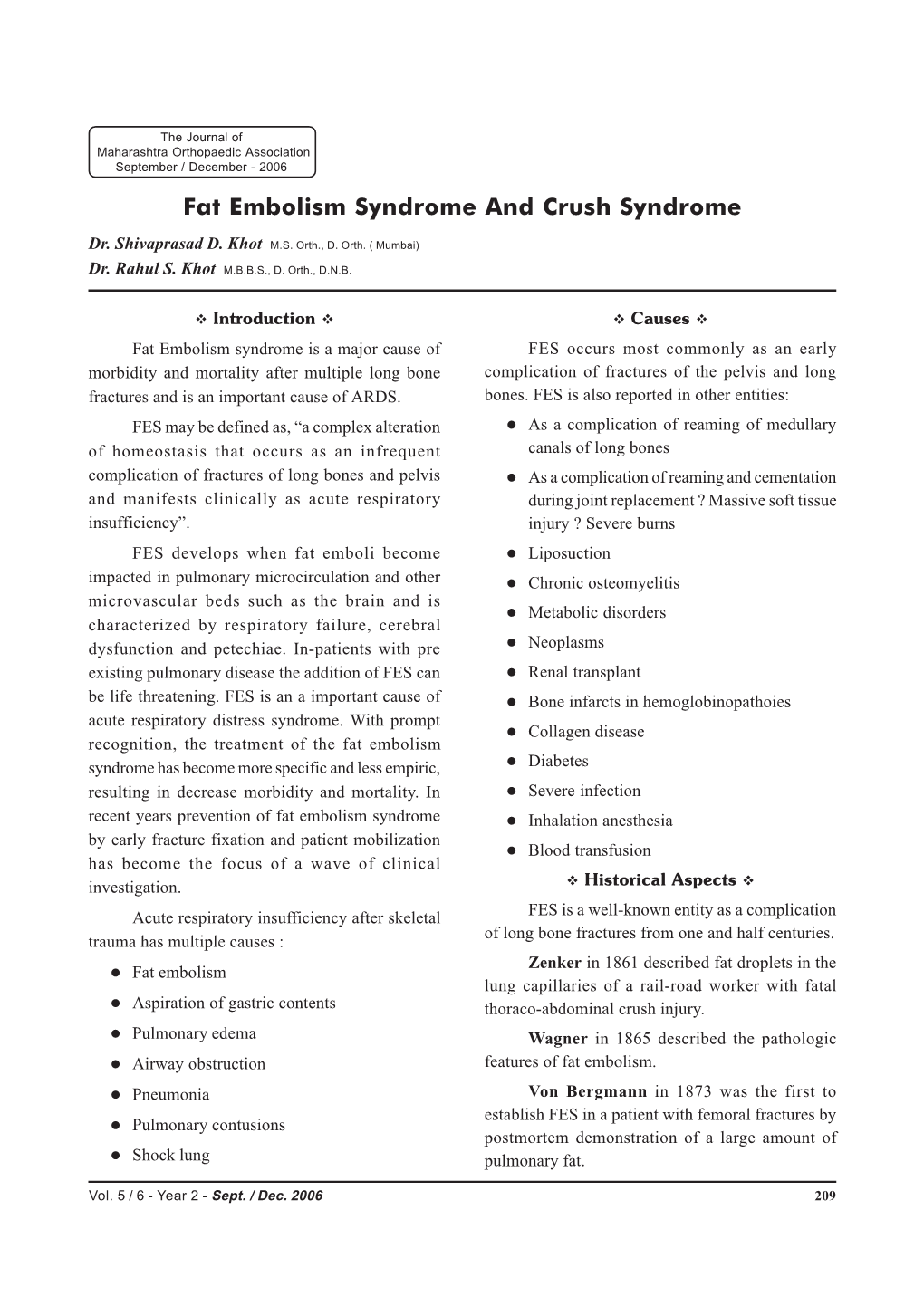 Fat Embolism Syndrome and Crush Syndrome