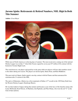Jarome Iginla: Retirements & Retired Numbers, NHL High in Both This Summer