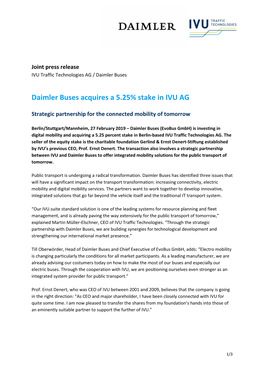 Daimler Buses Acquires a 5.25% Stake in IVU AG