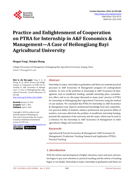 Practice and Enlightenment of Cooperation on PTRA for Internship in A&F Economics & Management—A Case of Heilongjiang Bayi Agricultural University