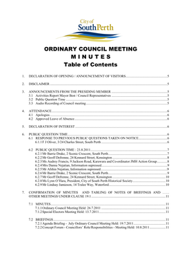 ORDINARY COUNCIL MEETING M I N U T E S Table of Contents