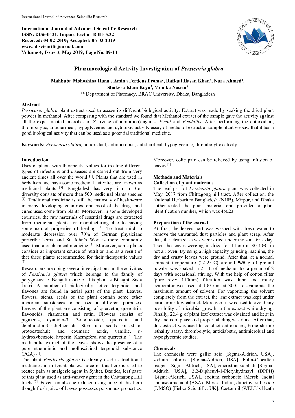 Pharmacological Activity Investigation of Persicaria Glabra