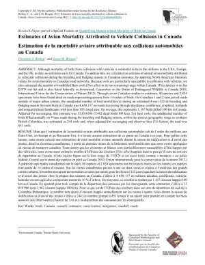 Estimates of Avian Mortality Attributed to Vehicle Collisions in Canada