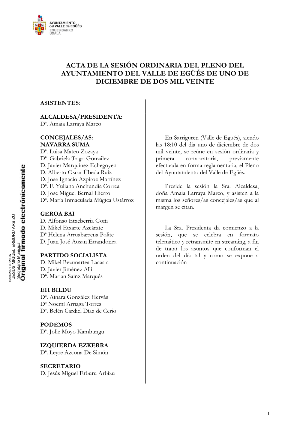 Acta De La Sesión Ordinaria Del Pleno Del Ayuntamiento Del Valle De Egüés De Uno De Diciembre De Dos Mil Veinte