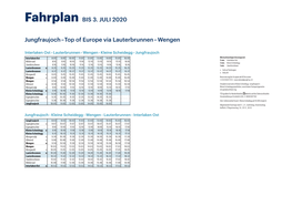 Top of Europe Via Lauterbrunnen – Wengen Fahrplan BIS 3. JULI 2020