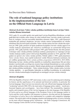 The Role of National Language Policy Institutions in the Implementation of the Law on the Official State Language in Latvia