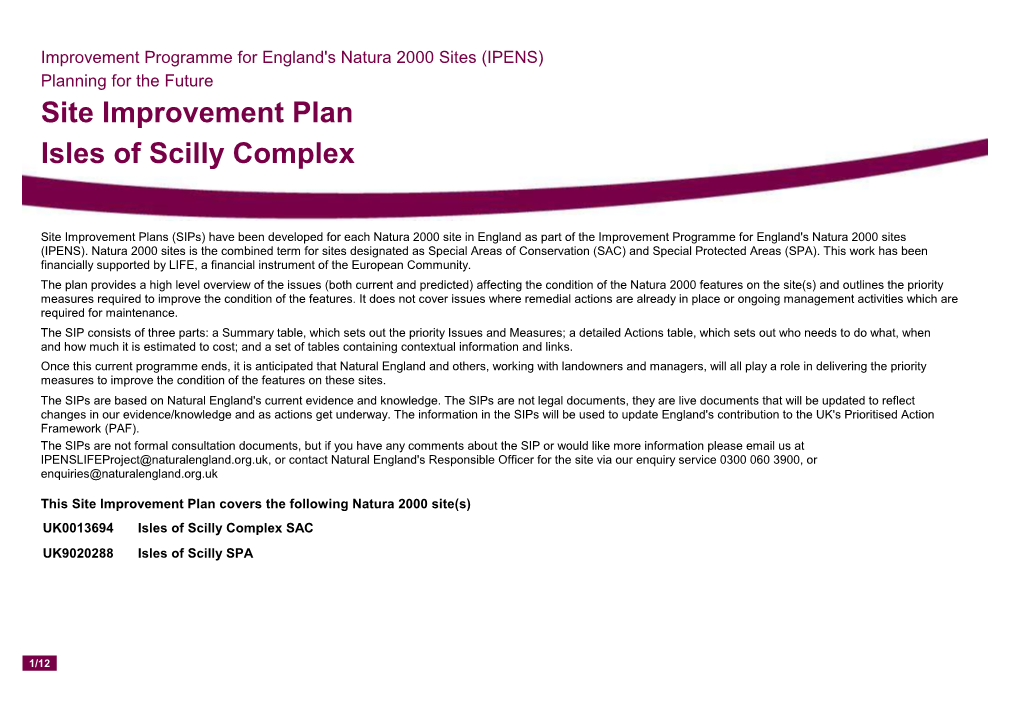 Site Improvement Plan Isles of Scilly Complex