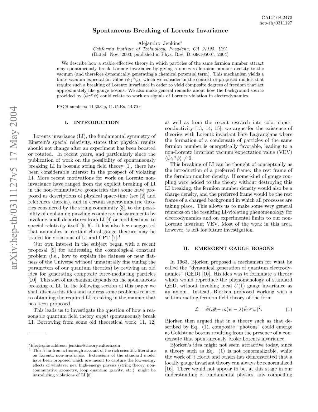 Hep-Th/0311127V5 17 May 2004 ∗ Oal Unu Edtheory ﬁeld Quantum Sonable That Manner the Proposed