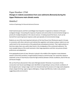 Paper Number: 2760 Changes in Rodents Associations from Cave Sediments (Romania) During the Upper Pleistocene Main Climatic Events