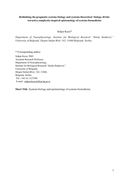 Rethinking the Pragmatic Systems Biology and Systems-Theoretical Biology Divide: Toward a Complexity-Inspired Epistemology of Systems Biomedicine