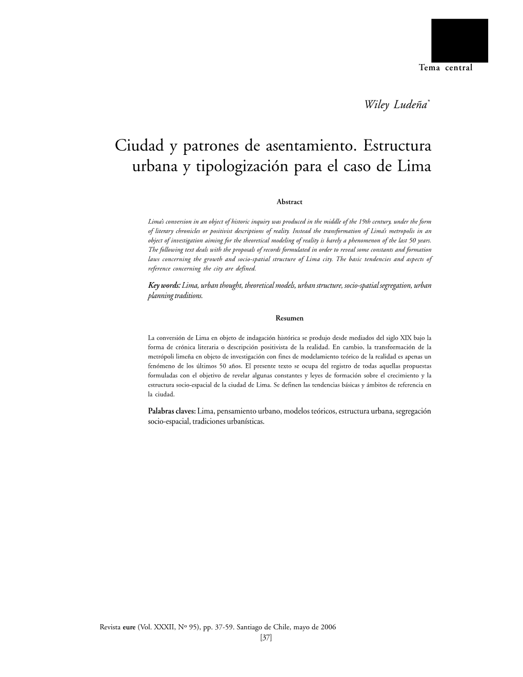 Ciudad Y Patrones De Asentamiento. Estructura Urbana Y Tipologización Para El Caso De Lima