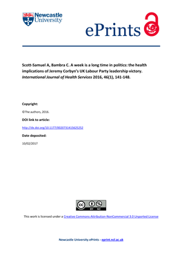 A Week Is a Long Time in Politics: the Health Implications of Jeremy Corbyn’S UK Labour Party Leadership Victory