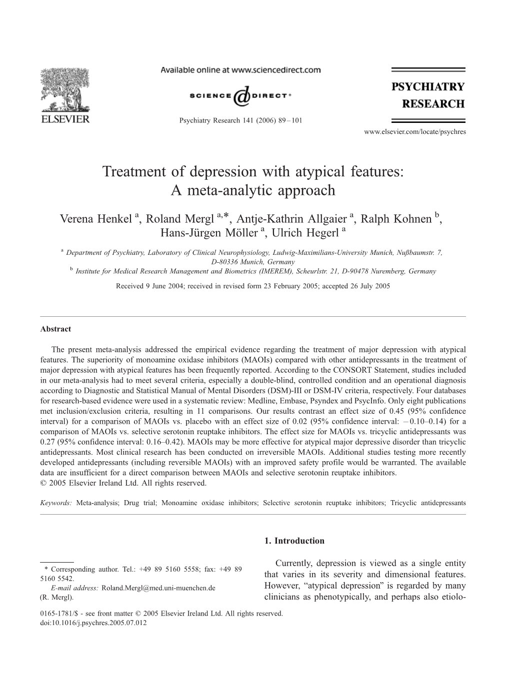 Treatment of Depression with Atypical Features: a Meta-Analytic Approach