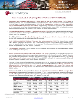 Grupo Mexico Maturities up to September 30, 2018