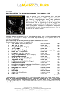 MDD 008 DUKE ELLINGTON “The (Almost) Complete Jazz Violin Session - 1963”