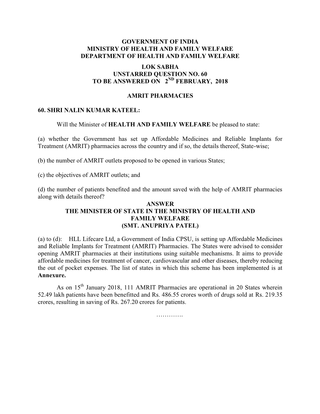 Government of India Ministry of Health and Family Welfare Department of Health and Family Welfare Lok Sabha Unstarred Question No