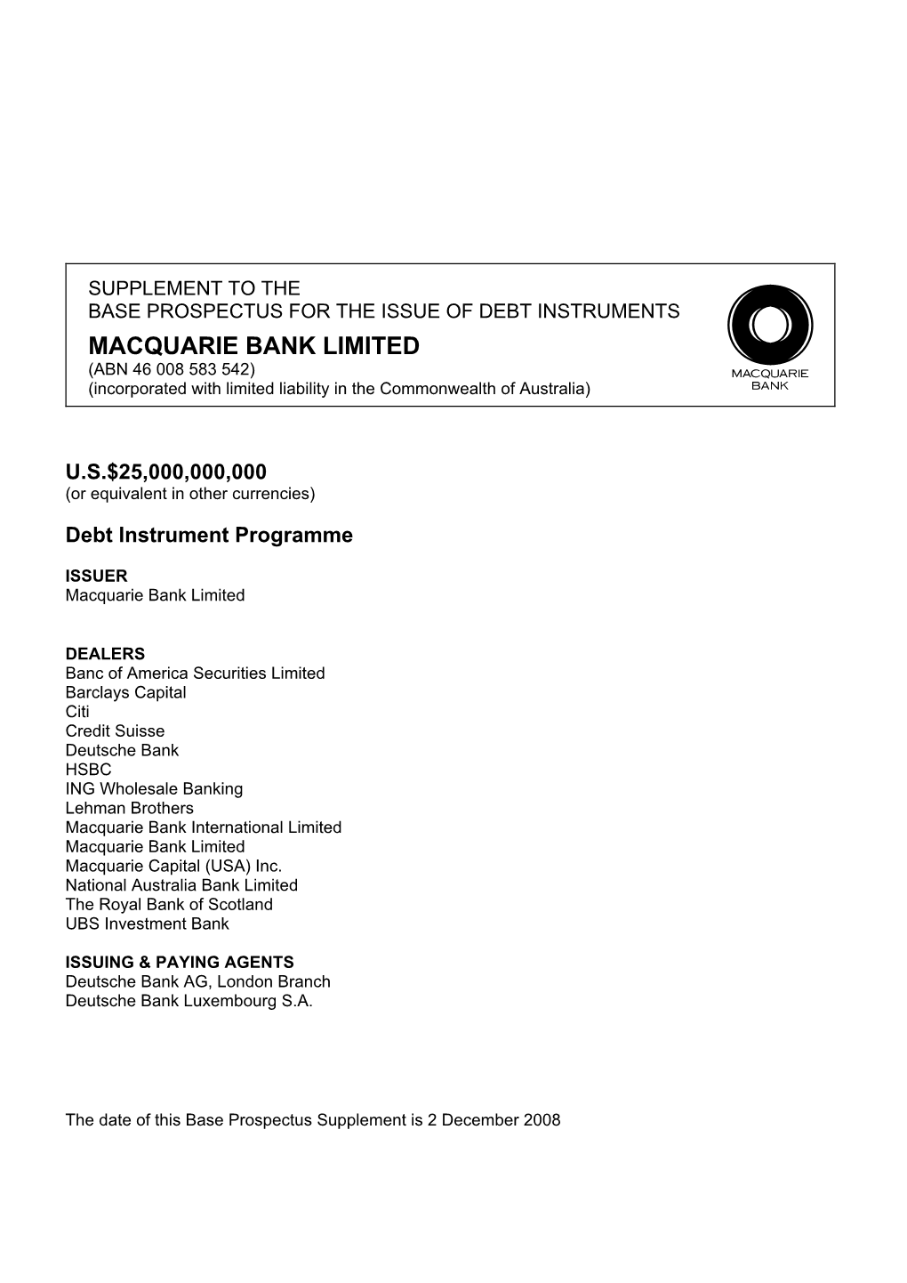 MACQUARIE BANK LIMITED (ABN 46 008 583 542) (Incorporated with Limited Liability in the Commonwealth of Australia)